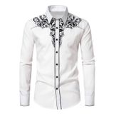 Camisa Masculina Kissqiqi Western Cowboy Bordada Slim Fit