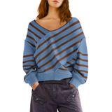 Suéter Feminino Panadila, Listrado Sem Ombros, Decote Em V, Azul, Gg