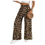 Calças Sweatyrocks Com Estampa De Leopardo, Cintura Alta, Perna Larga, Marrom