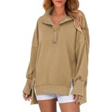Moletom Shewin Casual, Solto Henley, Pulôver Feminino, Cáqui