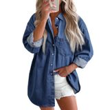 Blusa Astylish, Camisa Jeans Feminina, Decote Em V, Manga Comprida, Azul Marinho
