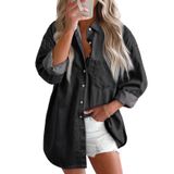 Blusa Astylish, Camisa Jeans Feminina, Decote Em V, Manga Comprida, Preta