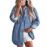 Blusa Astylish, Camisa Jeans Feminina, Decote Em V, Manga Comprida, Azul