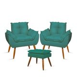 Kit 2 Poltronas Luxo + 01 Puff Para Recepção Sala Quarto Azul Turquesa