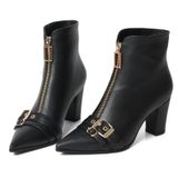 Botas De Tornozelo Foreada Com Bico Fino E Salto Grosso Pretas Para Mulheres