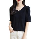 Camiseta Feminina Chanyarn 100% Lã Merino De Camada Base Com Decote Em V, Manga Curta, Camiseta De Viagem E Caminhada (preta, Gg)