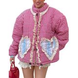 Jaqueta Feminina Yimoon Recortada Acolchoada, Xadrez, Guingão, Vermelho