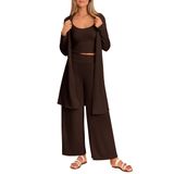 Conjunto De Pijamas E Lounge Feminino Prettygarden Em Malha Canelada, 3 Peças