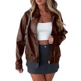 Jaqueta Feminina Prettygarden De Couro Sintético 2024 Fall Coffee Xs