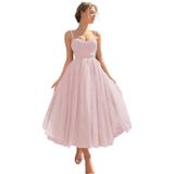 Vestido Formal Danzmoon Rosa Em Linha A, Tule, Comprimento Do Chá 2024
