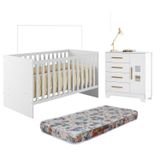 Quarto De Bebê Com Berço Com Colchão Suporte Life 100% Mdf E Cômoda 4 Gavetas 1 Porta Fly 100% Mdf Branco