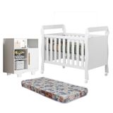 Quarto De Bebê Com Berço Mini Cama Com Colchão Slim E Cômoda 100% Mdf 1 Porta 3 Prateleiras Flocos Branco