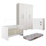 Quarto De Bebê Com Berço Com Colchão Suporte, Cômoda 1 Porta 4 Gavetas E Roupeiro 4 Portas 3 Gavetas Branco