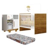 Quarto De Bebê Com Berço Com Colchão Suporte Life E Cômoda 100% Mdf 1 Porta 3 Prateleiras Flocos Branco/madeirado Ypê