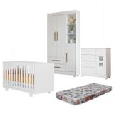Quarto De Bebê Com Berço Mini Cama, Cômoda 1 Porta 4 Gavetas E Roupeiro Flocos 3 Portas 2 Gavetas Branco