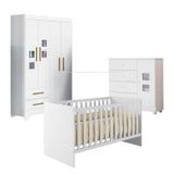 Quarto De Bebê Com Berço Life, Cômoda 1 Porta 4 Gavetas Life E Guarda Roupa 4 Portas 2 Gavetas Fly Branco