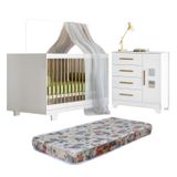 Quarto De Bebê Com Berço Mini Cama Com Colchão Flocos E Cômoda 4 Gavetas 1 Porta Fly 100% Mdf Branco