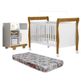 Quarto De Bebê Com Berço Mini Cama Com Colchão Slim E Cômoda 100% Mdf 1 Porta 3 Prateleiras Flocos Branco/madeirado Ypê