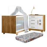 Quarto De Bebê Com Berço Mini Cama 100% Mdf Com Colchão Life E Cômoda 4 Gavetas 1 Porta Fly 100% Mdf Branco/madeirado Ypê