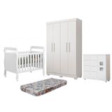Quarto De Bebê Berço Mini Cama Com Colchão, Cômoda 1 Porta 4 Gavetas E Roupeiro 4 Portas 3 Gavetas Branco