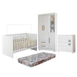 Quarto De Bebê Berço Com Colchão, Cômoda 1 Porta 4 Gavetas E Roupeiro Flocos 3 Portas 2 Gavetas Branco