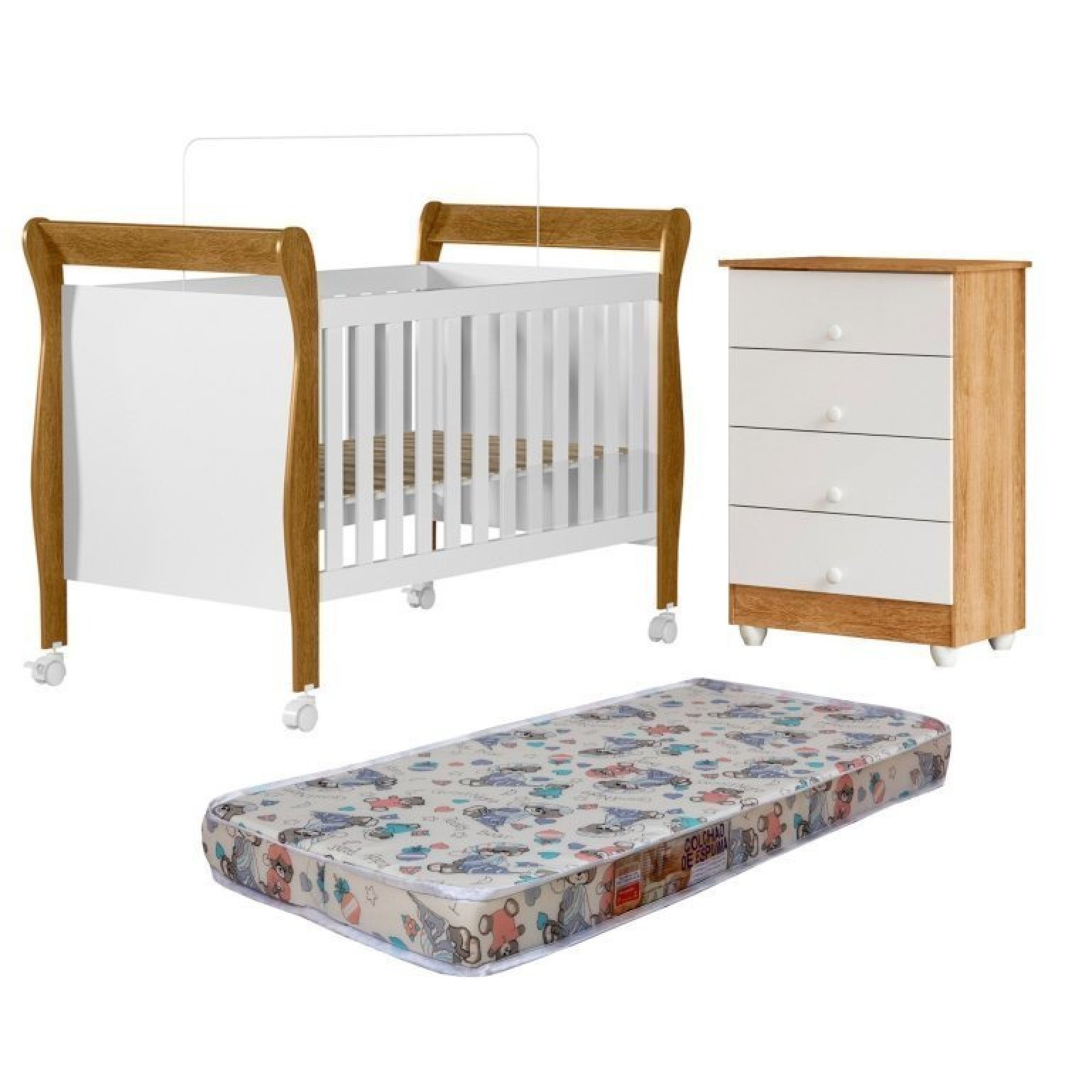 Quarto De Bebê Com Berço Mini Cama Com Colchão Slim E Cômoda De Bebê 100% Mdf 4 Gavetas Soft Life Branco/madeirado Ypê