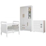 Quarto De Bebê Com Berço Mini Cama, Cômoda 1 Porta 4 Gavetas E Roupeiro Flocos 3 Portas 2 Gavetas Branco