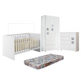 Quarto De Bebê Com Berço Com Colchão Suporte, Cômoda 1 Porta 4 Gavetas E Roupeiro 3 Portas 2 Gavetas Branco