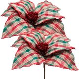 Kit 4 Flores Artificiais Xadrez Artesanal Gliter Natal 30cm