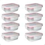 8 Potes De Vidro Diamond Retangular 370ml Vermelho Hermético