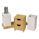 Conjunto Para Banheiro 5 Peças Ceramica E Bambu Mimo Style
