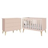Jogo De Quarto Infantil Theo Cômoda 6 Gavetas E Berço Rosa Fosco Com Pés Madeira Natural Reller Móveis Rosa Fosco