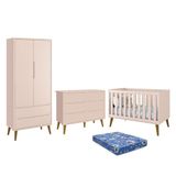 Dormitório Theo 2 Portas, Cômoda 6 Gavetas, Berço Rosa Fosco Com Pés Amadeirado E Colchão Reller Móveis Rosa Fosco