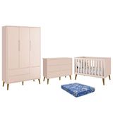 Dormitório Theo 3 Portas, Cômoda 6 Gavetas, Berço Rosa Fosco Com Pés Amadeirado E Colchão Reller Móveis Rosa Fosco