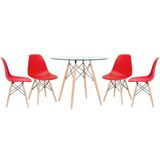 Mesa Redonda Eames Com Tampo De Vidro 90 Cm + 4 Cadeiras Eiffel Dsw Vermelho