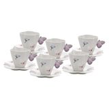 6 Xícaras De Chá Com Pires Porcelana Borboletas Branco 200ml