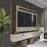 Rack Com Painel Ripado Suspenso Para Tv Até 70 Polegadas 2 Portas Grécia 180cm Off White E Freijó