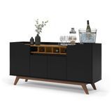 Buffet Aparador 4 Portas Com Adega Pés Em Madeira Maciça Luxo 152cm Preto E Freijó