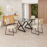 Conjunto Sala De Jantar Mesa 120x90cm Base Império Tampo Mdf Laca Com Vidro Napoli Creme /preto