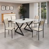 Conjunto Sala De Jantar Mesa 120x90cm Base Império Tampo Mdf Laca Com Vidro Florença Creme /preto
