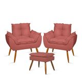 Kit 2 Poltronas Luxo + 01 Puff Para Recepção Sala Quarto Rosa