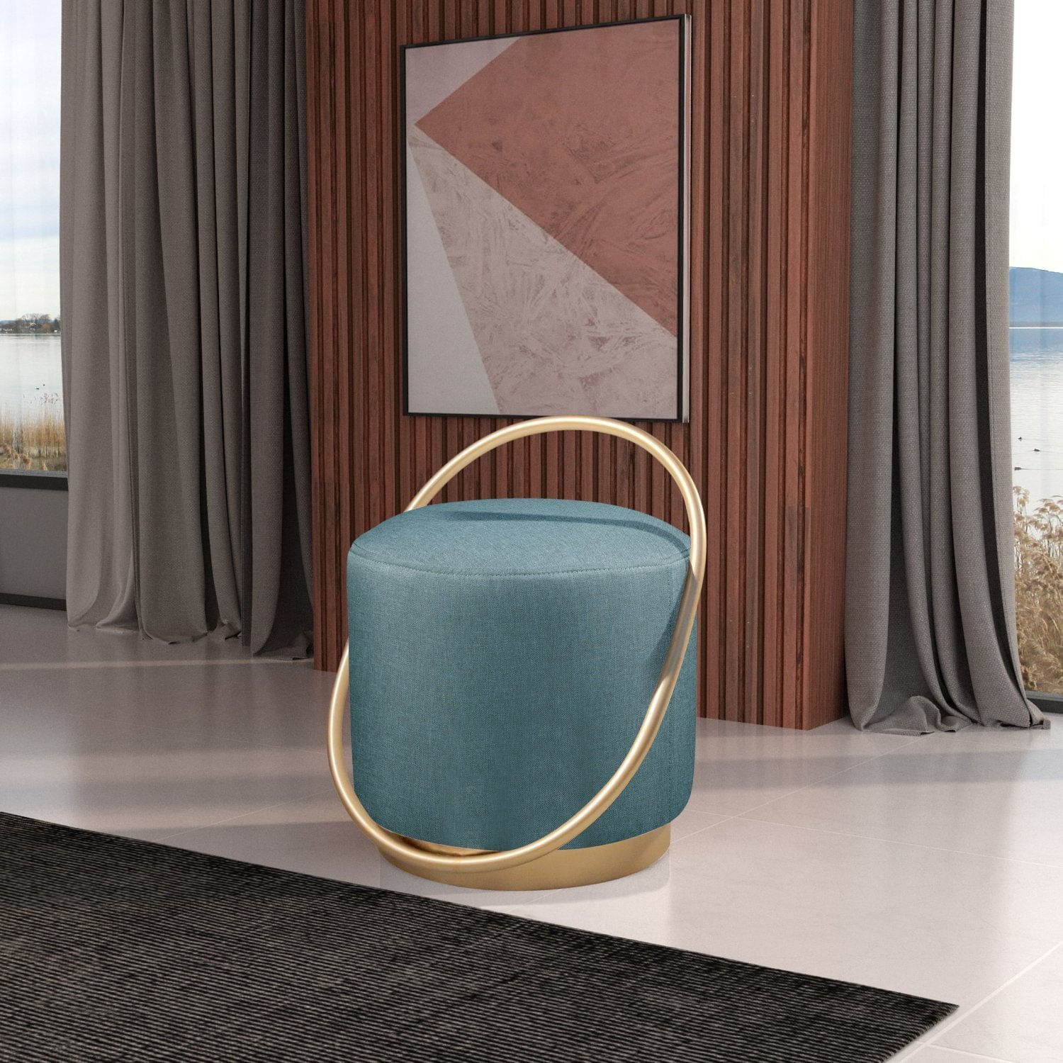 Puff Redondo 50cm Em Linho Com Base Lunar Azul/dourado