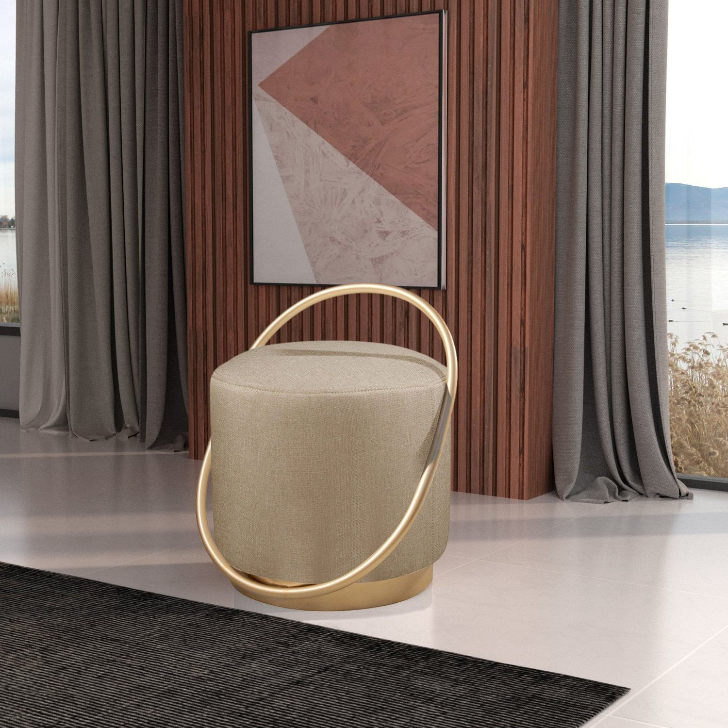 Puff Redondo 50cm Em Linho Com Base Lunar Bege/dourado