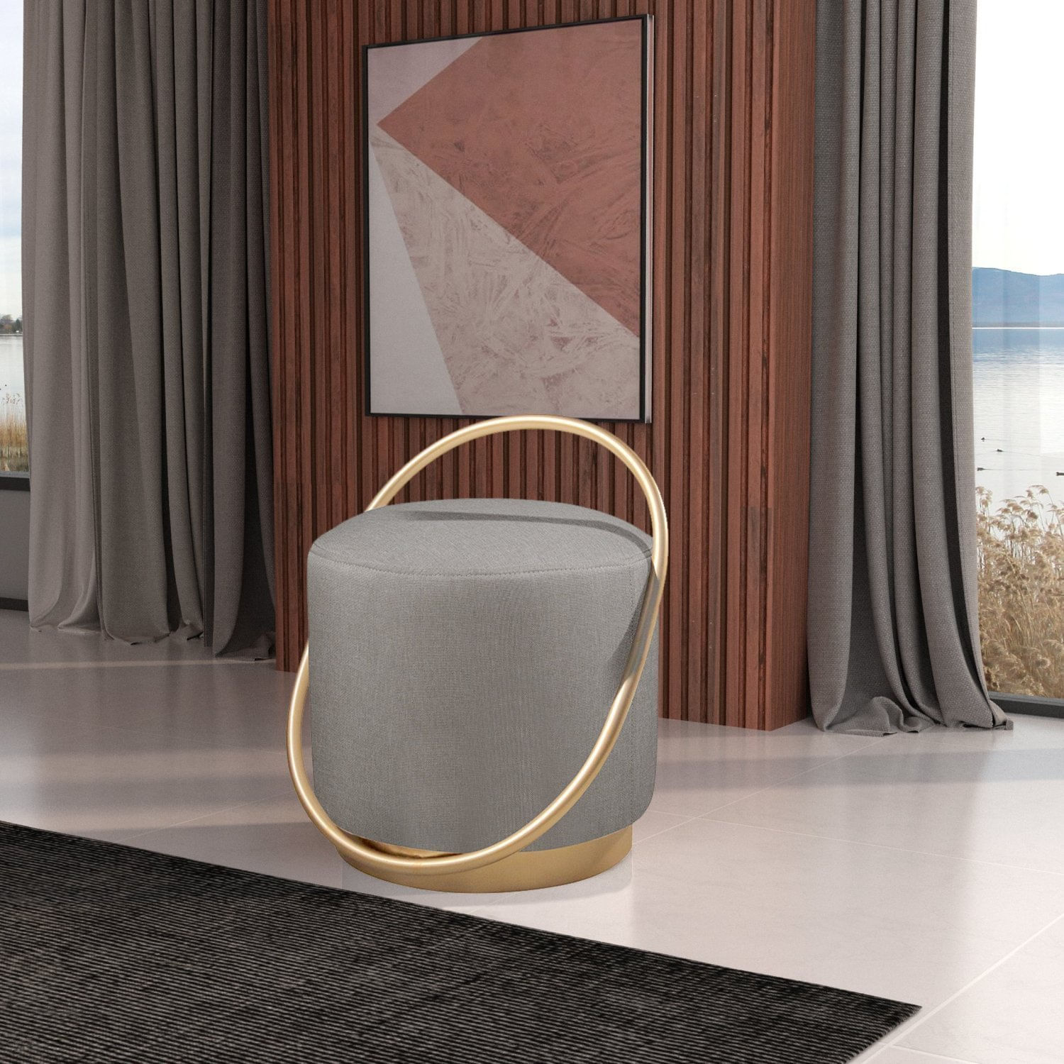 Puff Redondo 50cm Em Linho Com Base Lunar Cinza/dourado