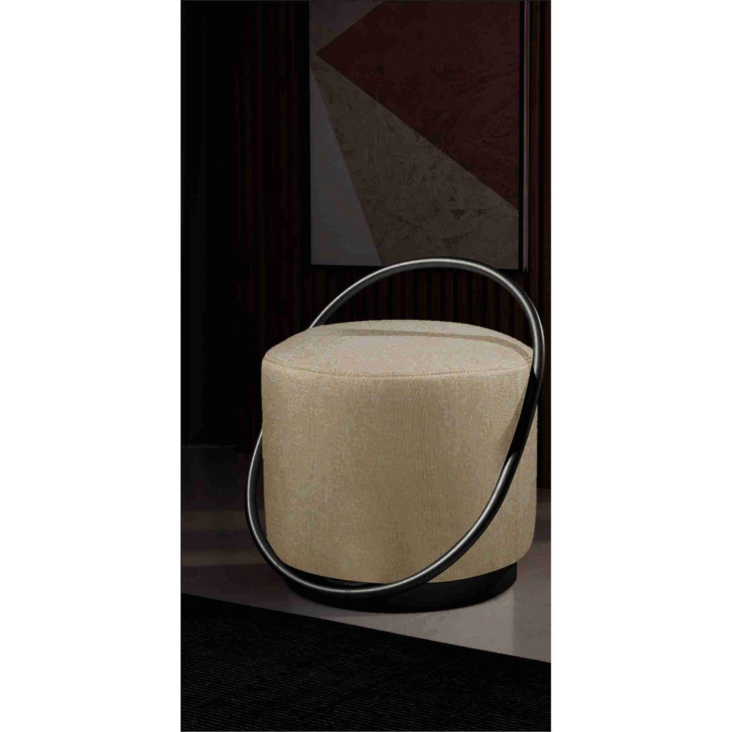 Puff Redondo 50cm Em Linho Com Base Lunar Bege/preto