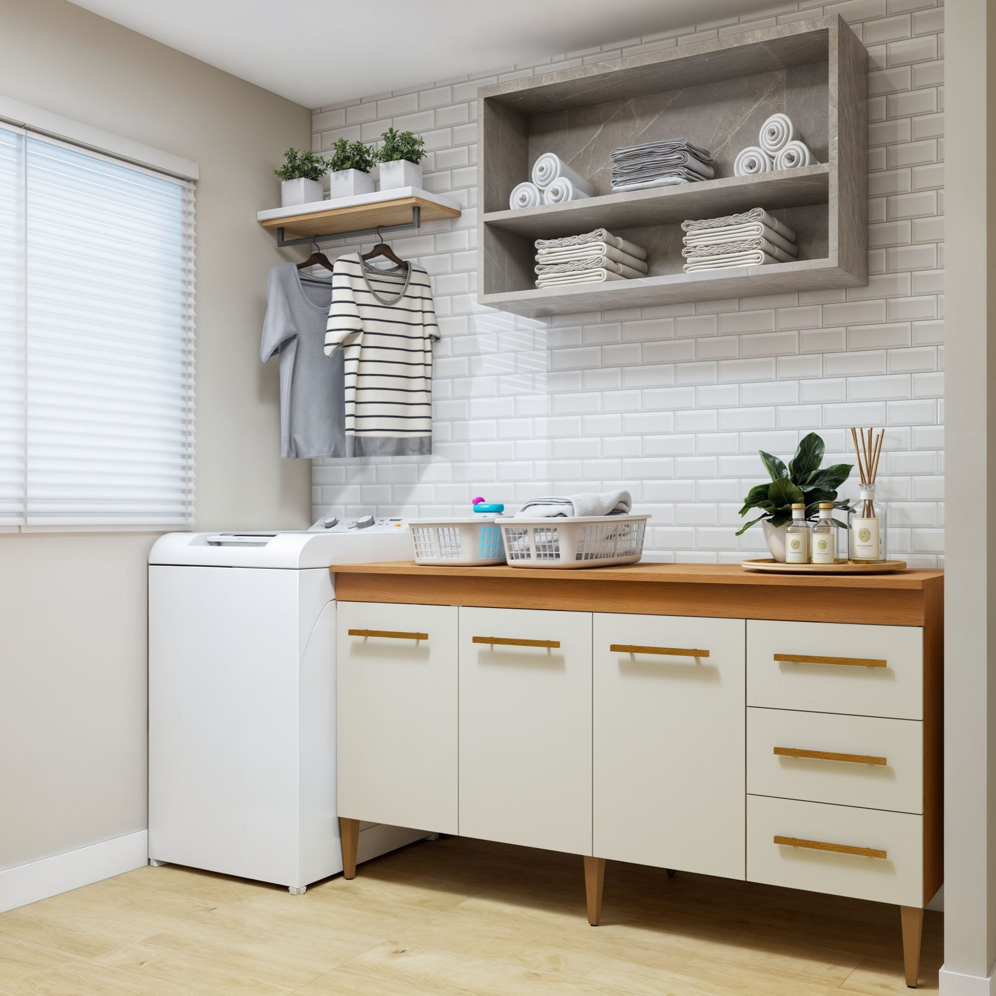 Lavanderia Modulada Balcão 3 Portas E 3 Gavetas Nova Iguaçu Nature/off White