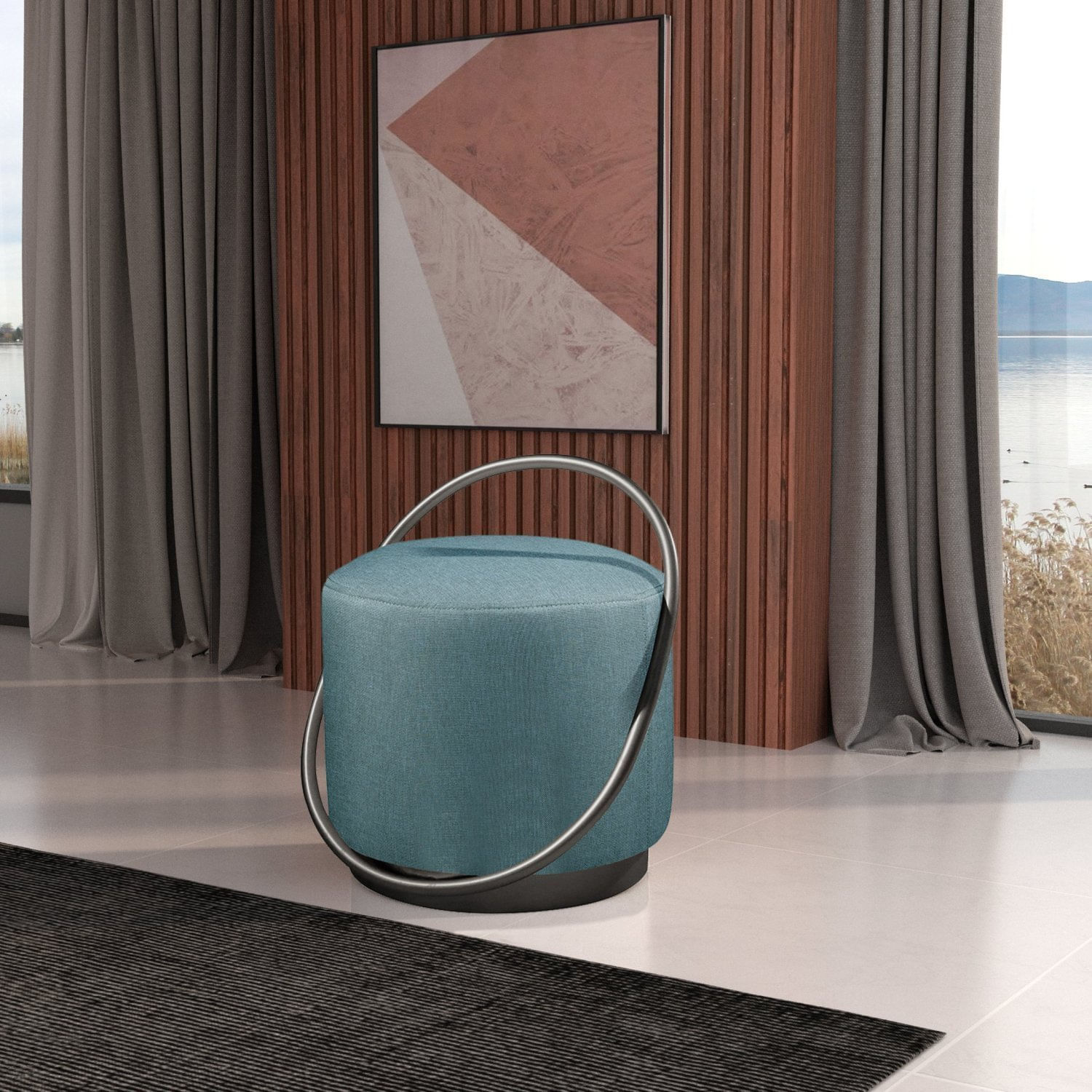 Puff Redondo 50cm Em Linho Com Base Lunar Azul/preto