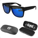 Oculos Sol Infantil Vintage Criança Proteção Uv Preto + Case Praia Menino Casual Acetato Lente Azul