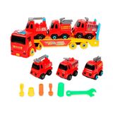 Carro Cegonha 3 Carrinhos Monta Desmonta Bombeiros Vermelho