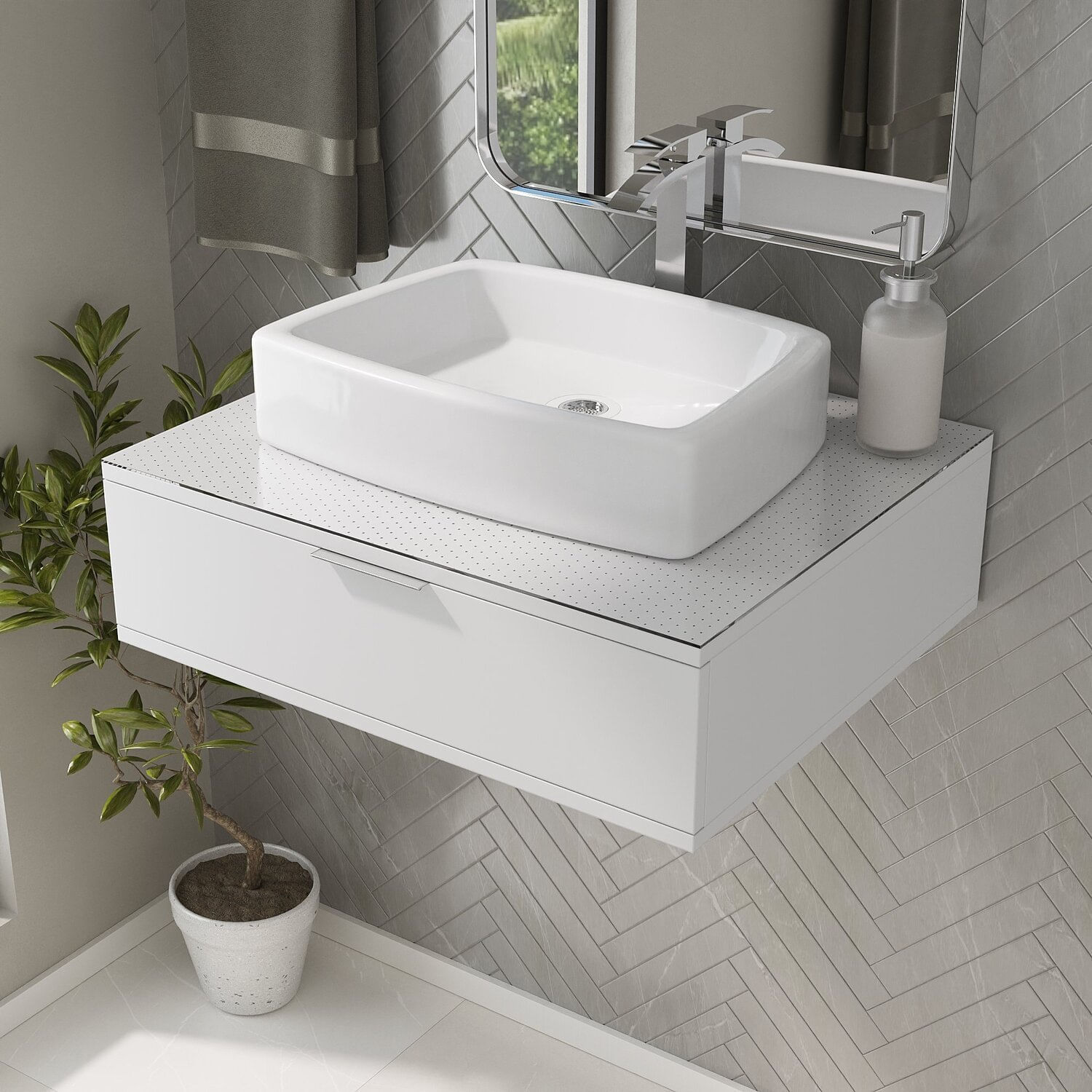 Bancada Blu 60cm Com Vidro Com Furo E Cuba Duna Branco